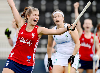 England's Sarah Evans celebrates scoring a goal.