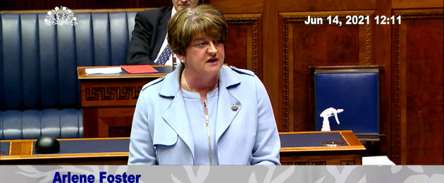 Arlene Foster addresses the Stormont Assembly this morning