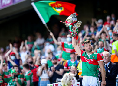 Mayo captain Aidan O'Shea lifts the JJ Nestor Cup: 18,000 fans were permitted in Croke Park for last Sunday's Connacht football final.