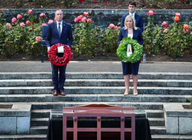 Paul Givan and Michelle O’Neill at a Battle of the Somme wreath-laying ceremony at the Irish National War Memorial at Islandbridge.