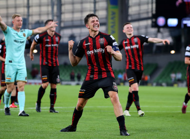 Bohs’ Keith Buckley celebrates after the Stjarnan game.