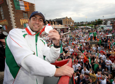Egan celebrates at his homecoming.