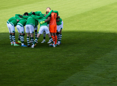 Rovers in a huddle prior to their Champions League qualifier against Slovan Bratislava.