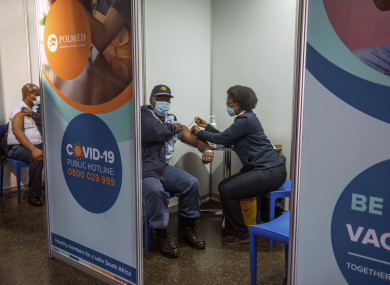 A policeman receiving his Johnson & Johnson Covid-19 vaccine in Soweto, South Africa.
