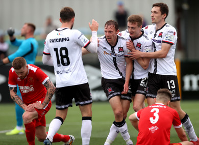 Dundalk's Will Patching, Daniel Kelly and Raivis Jurkovskis celebrate with goalscorer David McMillan.