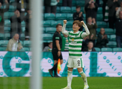 Kyogo Furuhashi celebrates a goal for Celtic.