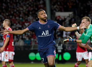 Kylian Mbappe celebrates a goal.