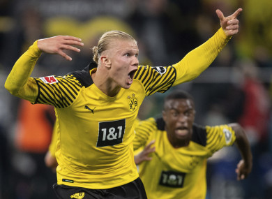 Haaland celebrates his late winner.