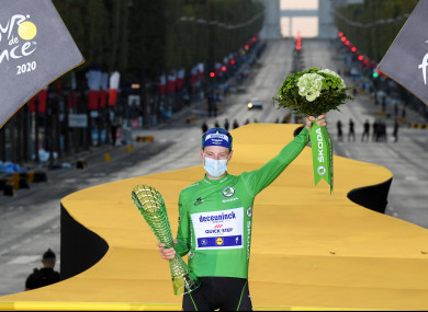 Sam Bennett celebrates winning the green jersey at the 2020 Tour de France.