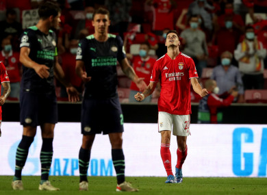 Julian Weigl of Benfica celebrates after scoring a goal during the Champions League play-off first leg.