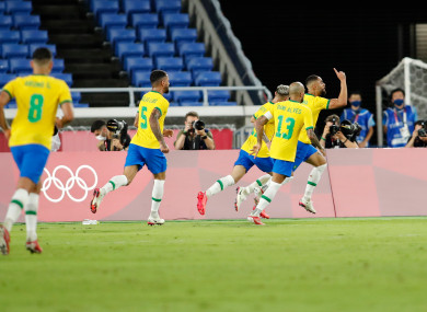 Matheus Cunha celebrates his goal.