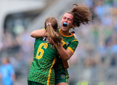 Meath's Aoibhin Cleary and Emma Duggan celebrate at the final whistle.