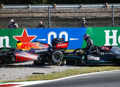 Lewis Hamilton leaves his car after the Monza crash with Max Verstappen.
