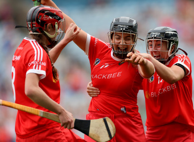 Cork’s Katrina Mackey and Amy O’Connor celebrate with Linda Collins at the final whistle.