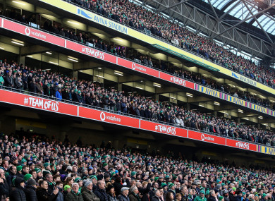 A view of the capacity crowd at the Aviva Stadium for a Six Nations game between Ireland and England in 2019.