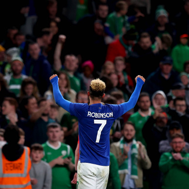 Ireland’s Callum Robinson celebrates scoring against Qatar.