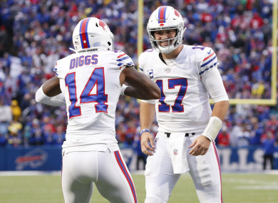 Buffalo Bills wide receiver Stefon Diggs is congratulated by quarterback Josh Allen after his touchdown.