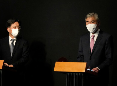 US special representative for North Korea Sung Kim (right) speaks during a briefing after a meeting with South Korea’s special representative for Korean Peninsula peace and security affairs Noh Kyu-duk in Seoul