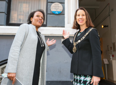 Pictured outside the Irish Film Institute in Temple Bar, Dublin, today are (l to r) historian Cecelia Hartsell and Lord Mayor Alison Gilliland at the unveiling of a plaque commemorating American anti-slavery leader Frederick Douglass. Dublin City Council mounted the plaque to honor Douglass's 1845 visit to Eustace Street.