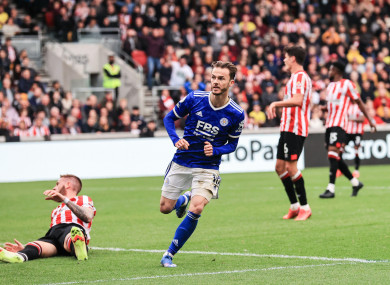 James Maddison #10 of Leicester City celebrates his goal.