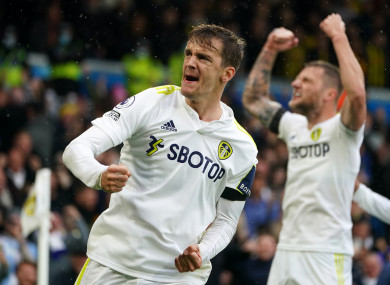 Diego Llorente celebrates after scoring for Leeds.