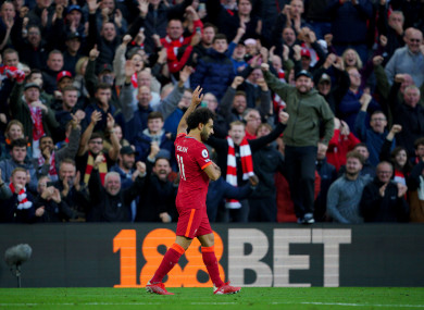 Mo Salah celebrating a recent Liverpool goal.