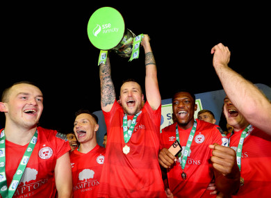 Ally Gilchrist celebrates with the trophy after Shelbourne's recent winning of the First Division title.