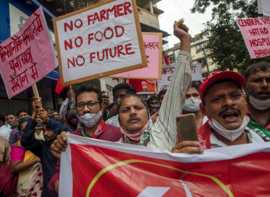 Members of the Communist Party of India during a protest against farm laws in Mumbai in September