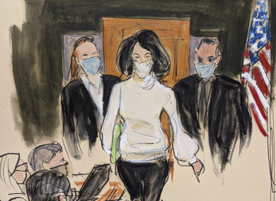 In this courtroom sketch, Ghislaine Maxwell enters the courtroom escorted by US Marshalls at the start of her trial, Monday.