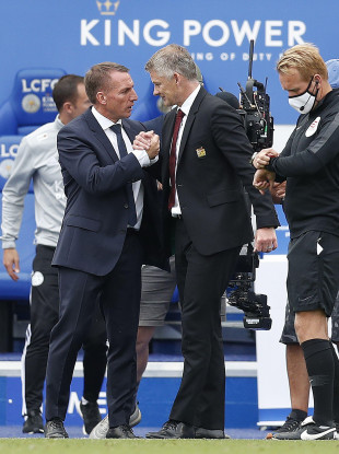 Brendan Rodgers and Ole Gunnar Solskjaer pictured after the Premier League fixture between Leicester City and Manchester United in July 2020.