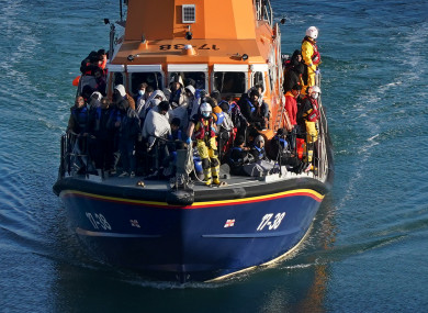 A group of people thought to be migrants are brought in to Dover, Kent, onboard the Dover lifeboat following a small boat incident in the Channel this week.