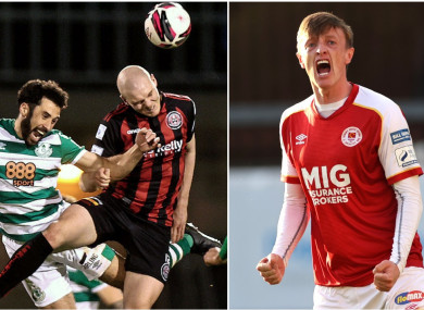 PFAI Premier Division Player of the Year nominees Roberto Lopes and Georgie Kelly clash in the air (L), and fellow nominee Chris Forrester (R).