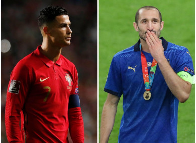 Portugal superstar Cristiano Ronaldo and Italy defender Giorgio Chiellini, who captained his country to European Championship glory in July.