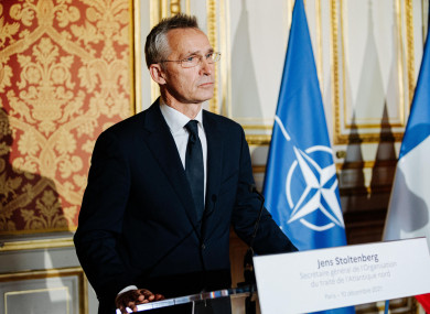 Jens Stoltenberg, Secretary General of NATO, during a meeting at the French Ministry of Europe and Foreign Affairs today.