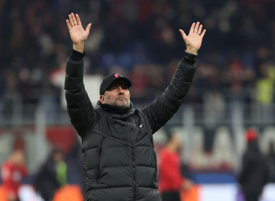 Liverpool manager Jurgen Klopp waves to the fans after the UEFA Champions League, Group B match at the San Siro.