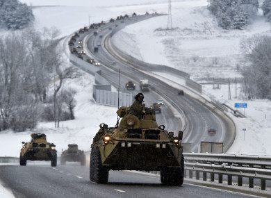 Russian armoured vehicles on the move in the Crimea near to the border with Ukraine
