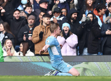 Kevin De Bruyne of Manchester City celebrates after scoring.