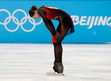 Kamila Valieva (ROC) was disappointed after her performance in the women s figure skating free program during the Beijing 2022 Olympic Winter Games at Capital Indoor Stadium.