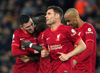 Liverpool's Sadio Mane (second left) celebrates scoring.