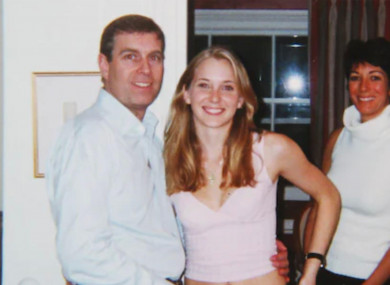Prince Andrew with with Virginia Giuffre centre and Ghislaine Maxwell.