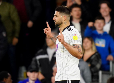 Fulham’s Aleksandar Mitrovic celebrates scoring.