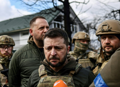 Ukrainian President Zelenskyy in Bucha, Kyiv in Ukraine yesterday.