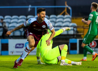 Drogheda's Adam Foley celebrates after scoring his team's second goal.