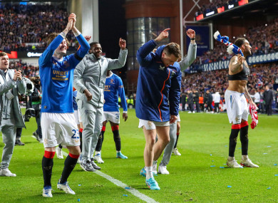 Rangers players celebrate the win over Leipzig.