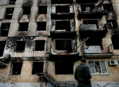 A damaged building ruined by attacks in Hostomel, outskirts Kyiv, Ukraine