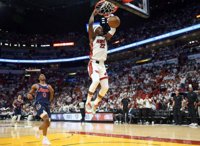 Miami Heat forward Jimmy Butler (22) dunks in the first quarter against the Philadelphia 76ers.