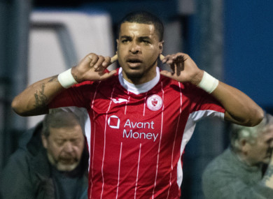 Jordan Hamilton celebrating a goal against Shamrock Rovers.