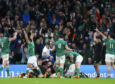 Rónan Kelleher scores a try against New Zealand at the Aviva.