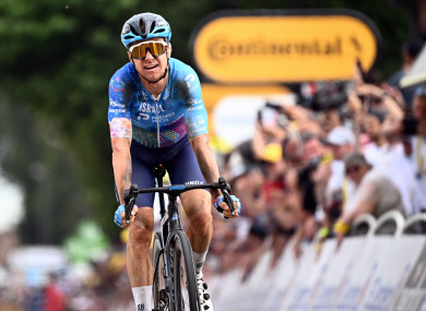 Australian Simon Clarke of Israel-Premier Tech reacts after winning stage five of the Tour de France.