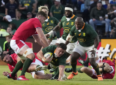 South Africa's Jasper Wiese, bottom, falls on the ground as Wales' Will Rowlands, left, defends.